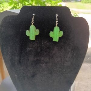 Handmade Jel-Res Green Cactus Dangle Earrings